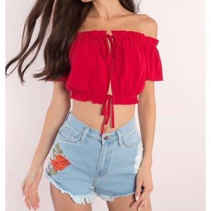 Tobi Off the Shoulder Tie Up Crop Top